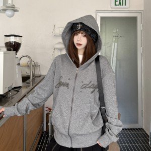 실사 재고 상품 차가운 바람의 소리 무거운 작업 비즈 박기 후드 티 스웨터 여성 코트 가을 지퍼 몸매 가꾸기 허리 수축 맨위 오픈 가디건 트렌디