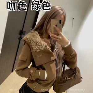 8uioio 캐러멜 수 있습니다. 노래 모피 칼라 후드티 여성 코트 2025 가을 겨울 새로운 디자인 센스 쇼트 스타일 오픈 가디건 맨위