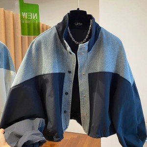 유럽 상품 데님 패치워크 스탠드 칼라 여성 코트 2025 가을 새로운 루즈핏 캐주얼 다용도 쇼트 스타일 재킷 맨위