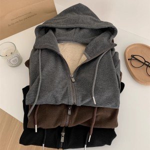 원본 품질 양면 연삭 머리카락 후드가 달린 카디건 여자 봄과 가을 새로운 한국어 버전 지퍼 스웨트 셔츠 느슨한 여가 여성 코트
