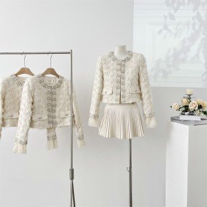 실사 작은 샤넬 스타일 다이아몬드 세팅 술 모피 레이스 짧은 여성 코트 봄 무거운 작업 비즈 박기 패치워크 외국 가스 오픈 가디건