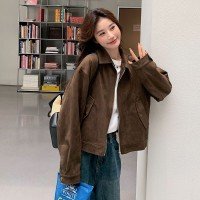 아름다움 라드. 쇼트 스타일 스웨이드 원단 여성 코트 봄과 가을 옷 아메리칸 레트로 느긋한 chic 다시 차가운 다시 바람의 소리 가죽 재킷 재킷