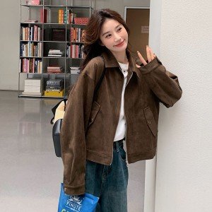 아름다움 라드. 쇼트 스타일 스웨이드 원단 여성 코트 봄과 가을 옷 아메리칸 레트로 느긋한 chic 다시 차가운 다시 바람의 소리 가죽 재킷 재킷