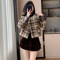 레트로 프랑스식 부유 한 가족 천 골드 모직 짧은 여성 코트 가을 겨울 Chic 디자인 센스 슈퍼 잘 생긴 체크무늬 모직 맨위