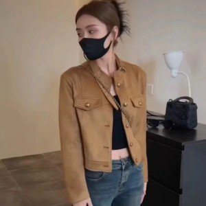 레트로 항구 바람 디자인 작은 남자 스탠딩 칼라 스웨이드 기관차 자켓 짧은 코트 맨위 여자 2024 이른 가을 새로운