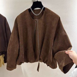 가을 새로운 2025 루즈핏 슬림해 보이는 레트로 다용도 스웨이드 원단 라운드 넥 지퍼 재킷 재킷 외국 가스 맨위 여성