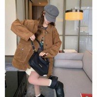 라드. 브라운 스웨이드 원단 짧은 여성 코트 2025 가을 새로운 작은 키 레트로 연령 감소 캐주얼 자켓