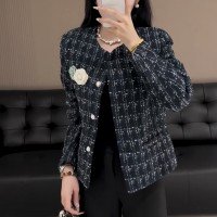 블루 여성 트위드 골드 샤넬 스타일 여성 코트