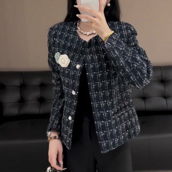 블루 여성 트위드 골드 샤넬 스타일 여성 코트