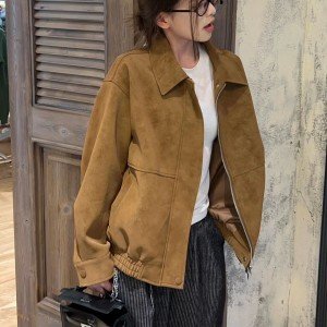 스웨이드 여성 코트 가을 겨울철 2025 새로운 폴로 칼라 루즈핏 캐주얼 재킷