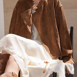 아메리칸 스탠드 칼라 스웨이드 원단 재킷 여성 코트 2025 루즈핏