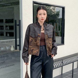 스탠드 칼라 배색가죽 카모플라주 사슴 캐시미어 여성 코트 2025