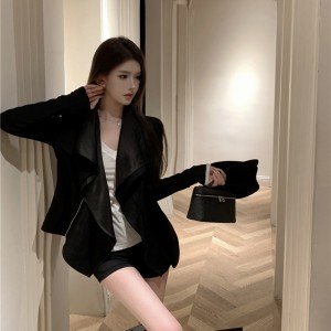 리브 니트 원단 사슴 가죽 패치워크 여성 코트