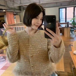 여성 패치워크 타조 털 구슬 조각 트위드 보온 여성 코트