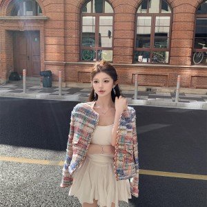 클래식 섹션 색상 체크무늬 트위드 양모 여성 코트