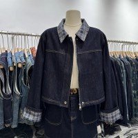 데님 여성 코트 체크무늬 패치워크 재킷 2025 가을 뉴 디자인