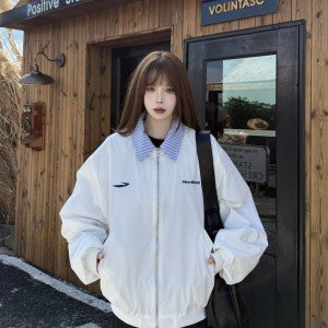 아메리칸 페이크 레이어드 스트라이프 패치워크 폴로 칼라 야구 유니폼 여성 코트