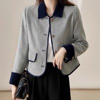 화이트 안감 피부 색조 포함 양모 대비 색 옷깃 트위드 여성 코트