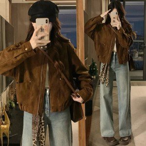 스웨이드 원단 배색 패치워크 쇼트 스타일 연령 감소 재킷