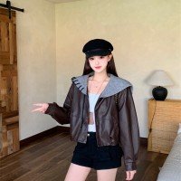 새로운 디자인 센스 해군 칼라 가죽 재킷 재킷 여성 작은 키 캐주얼 슬림해 보이는 쇼트 스타일 재킷