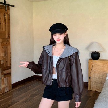새로운 디자인 센스 해군 칼라 가죽 재킷 재킷 여성 작은 키 캐주얼 슬림해 보이는 쇼트 스타일 재킷