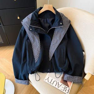 체크무늬 패치워크 재킷 2025 새로운 레트로 모자 칼라 재킷 여성 가을 캐주얼