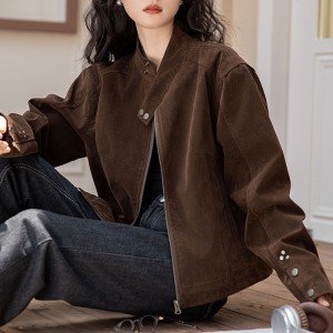 카운터 플러시 스웨이드 공예 브라운 스탠드 칼라 재킷