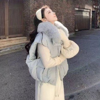 큰 모피 칼라 여성 면 조끼 루즈핏 다운 코튼 베스트 여성 코트 면 조끼 2025