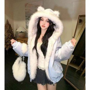 귀여운 후드 여성 코트 양모 양면 둘 착용 패치워크 면 의류