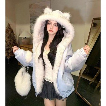 귀여운 후드 여성 코트 양모 양면 둘 착용 패치워크 면 의류