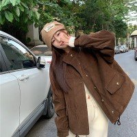 단색 코듀로이 스탠딩 칼라 라이너 코튼 코트 외투