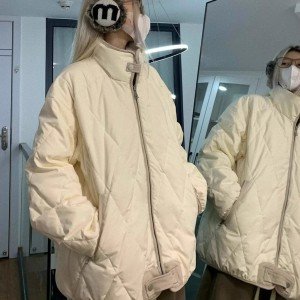 레트로 다이아몬드 모양 그리드 스탠드 칼라 보온 면 옷 남녀 겨울 두꺼운 미니멀리즘 루즈핏 커플 면 의류