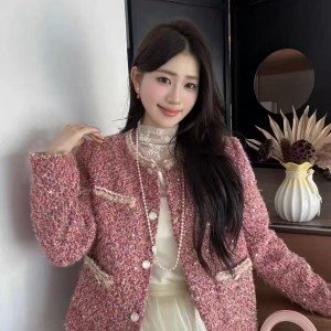 샤넬 스타일 트위드 다운 재킷 화이트 구스다운 짧은 외투