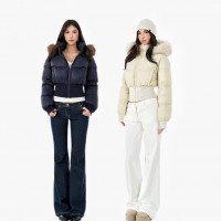 jim kennet90 화이트 덕 다운 레트로 모피 칼라 숏패딩