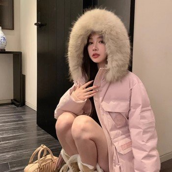 핑크색 구스다운 90% 패딩 재킷 보온 하프사이즈 모피 카라 후드 루즈핏 재킷