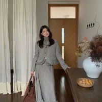 고급 디자인 센스 레이스 양모 니트 패치워크 다운 재킷,치마 세트 겨울