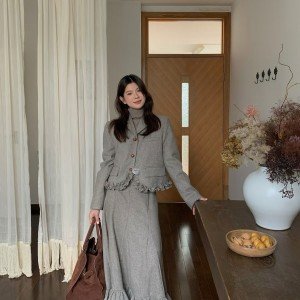 고급 디자인 센스 레이스 양모 니트 패치워크 다운 재킷,치마 세트 겨울