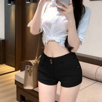 아메리칸 카키 색 데님 반바지 더블 버클 신축성 타이트 스커트 핫 바지