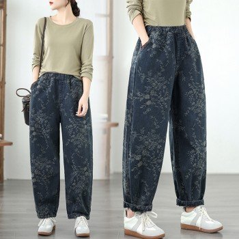 레트로 자카드 청바지 루즈핏 슬림해 보이는 캐주얼 하렘 바지