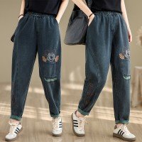 느슨한 높은 허리 신축성있는 허리 큰 사이즈 패치 자수 할란 카우보이 청바지