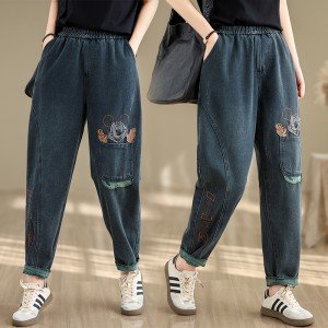 느슨한 높은 허리 신축성있는 허리 큰 사이즈 패치 자수 할란 카우보이 청바지