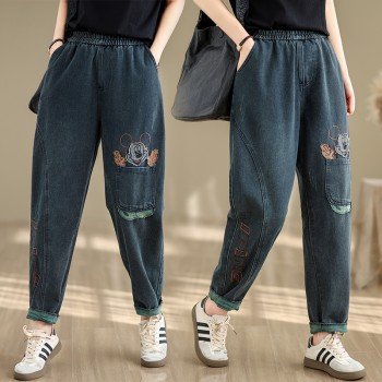 느슨한 높은 허리 신축성있는 허리 큰 사이즈 패치 자수 할란 카우보이 청바지
