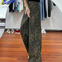 레트로 뉴 레오파드 무늬 청바지 루즈핏 롱 바지