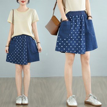 빅 사이즈 바지 여름 뉴 데님 허리밴드 오부 바지 페이크 레이어드 치마바지 