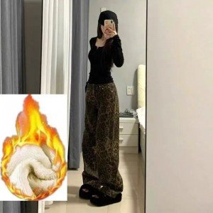 아메리칸 레오파드 와이드 청바지 여성 2025 루즈핏 스트레이트 팬츠