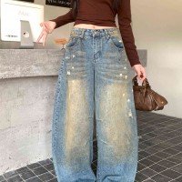 빅 사이즈 워싱 레트로 청바지 여성 루즈핏 슬림해 보이는 캐주얼 긴 바지