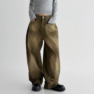 2025 뉴 레트로 캐주얼 바지 순면 워싱 루즈핏 모통이 칼 바지 청바지