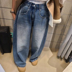 루즈핏 워싱 연삭 화이트 넓은 다리 청바지 긴 바지