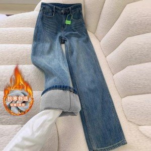 하이 웨이스트 청바지 여자 벨벳 스트레이트 와일드 롱 바지 겨울