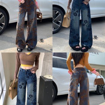 플러시 레트로 하이웨이스트 루즈핏 캐주얼 청바지